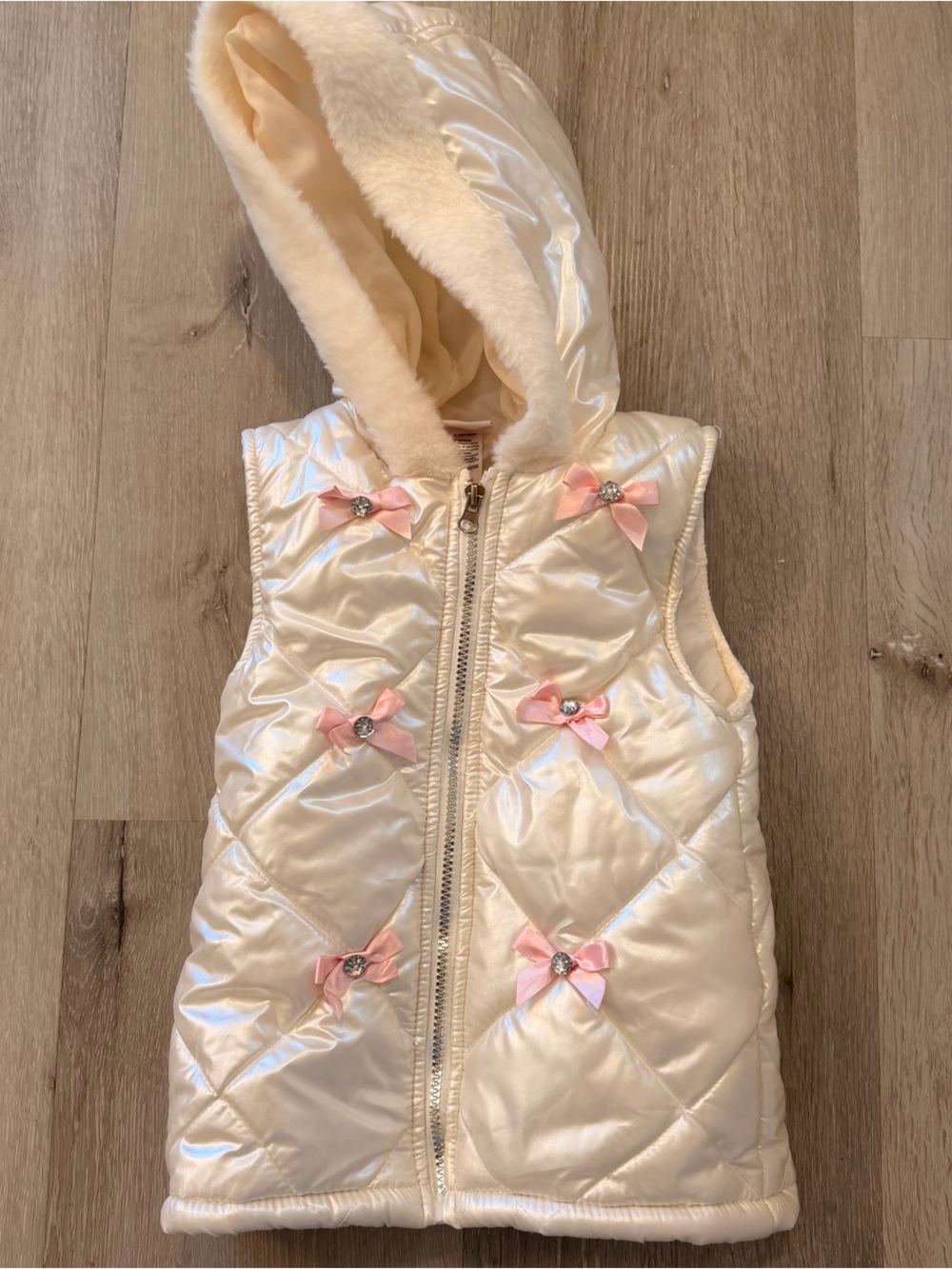 Little Lass Girls Quilted Puffer Vest Ivory Pink Bow Rhinestone Hooded Size 6